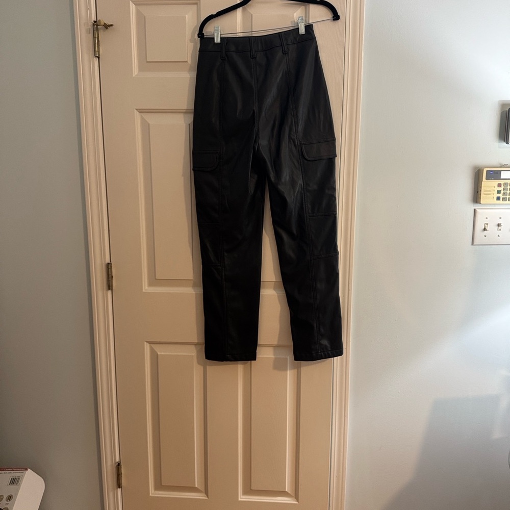 Black faux leather cargo Straight Leg Women's Pants